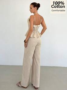 Siren Gaze Conjunto de 2 piezas de camiseta de tirantes con volantes de algodón nuevo para mujer, primavera/verano - Albaricoque - Ver 2