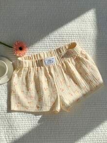 Comfortcana Quần short nữ dáng rộng, cạp chun, họa tiết chữ cái và hoa nhí màu vàng, thích hợp cho mùa xuân/hè. - Màu vàng - Xem 5