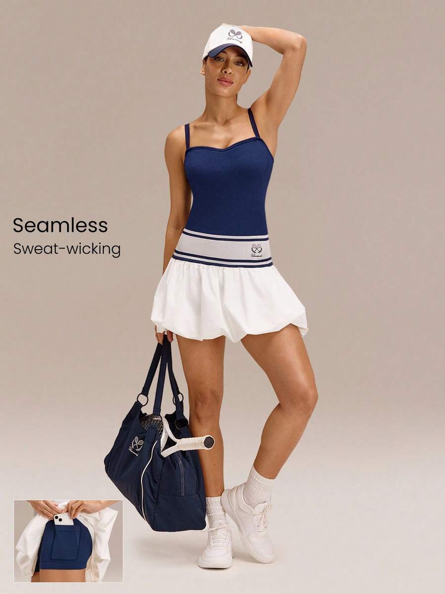 GLOWMODE Đầm UltraFine Soft Seamless Swing & Glow thoáng khí, thấm hút mồ hôi, có mút ngực tháo rời, dây đeo điều chỉnh được, quần short liền thân, cổ áo hình trái tim, eo thấp, kiểu đầm phồng, thích hợp mặc tennis, golf, pickleball và mặc hàng ngày. - Dark Blue - Xem 1