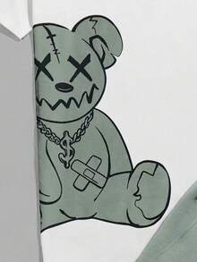 GENTILAND Bộ đồ nam gồm áo thun ngắn tay in hình gấu hoạt hình và chữ cái, cùng quần short cạp chun, phong cách đường phố thời trang cho việc đi lại hàng ngày, mùa hè. - màu xanh lá - Xem 3