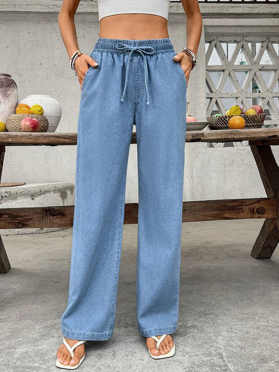 Breezaya Women's Casual Vacation & Commute Versatile Drawstring Waist Slant Pocket Straight Leg Jeans - Baby Blue - View 1