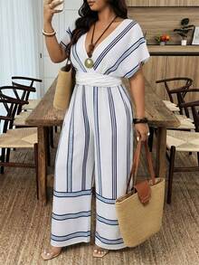 SHEIN LUNE Plus Size Women's V-Neck Crossover Waist Colorblock Geometric Striped Print Loose Casual Jumpsuit, Suitable For Spring/Summer - Blue and White - View 3