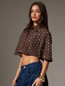 Denimoi Summer Fashion Rivet Decor Cropped Shirt - Brown - View 4