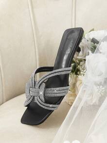 CUCCOO HITCHD Black Rhinestone French Square Head Kitten Heel Temperament Banquet Ladies High Heel Sandals - Black - View 6