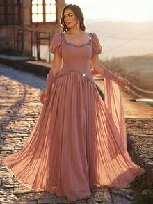 Aureia 大码优雅浪漫甜心领泡泡袖刺绣水钻装饰A字连衣裙，适合婚礼、派对、正式场合、宴会等。 - 藕粉色 - 查看 8