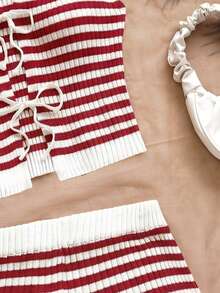 Soleia Women's Casual Summer Set, Striped Sleeveless Knit Top+Shorts Two Pieces Short Ribbed In Fall/Winter - Multicolor - View 4
