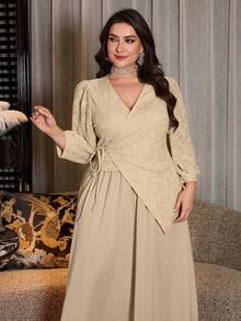 Modelyn Spring & Summer Fashion Jacquard Criss-Cross Tie Asymmetrical Top Paired With Flared Midi Dress - Apricot - View 1