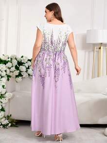 Reflora 大码女式深V领印花优雅收腰派对连衣裙 - 淡紫色 - 查看 9