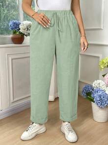 EMERY ROSE 大码女式纯色休闲棉质翻边裤 - Fresh Green - 查看 6