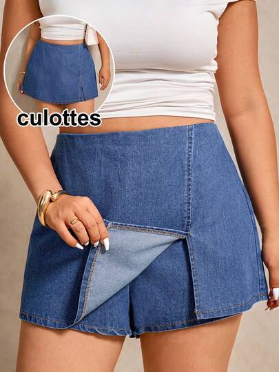 Elaquor Plus Size Women Denim Skirt Pants With Side Slit Hem