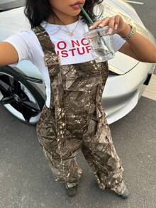 SHEIN ICON Quần yếm denim nữ in họa tiết toàn thân, phong cách đường phố thường ngày. - Màu Khaki - Xem 5
