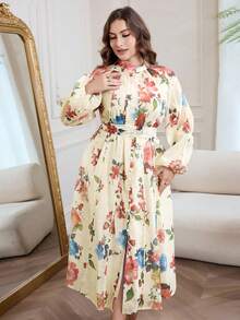 Modelyn Đầm dáng suông dài tay cổ đứng in hoa, cỡ lớn, thích hợp cho mùa xuân/thu. - Nhiều màu - Xem 4