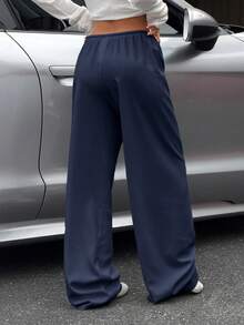 Muchica Navy Blue Knit Wide Leg Sweatpants For Women - Navy Blue - View 2