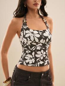 Poéselle 女士印花露背串珠度假背心 - 棕色 - 查看 3