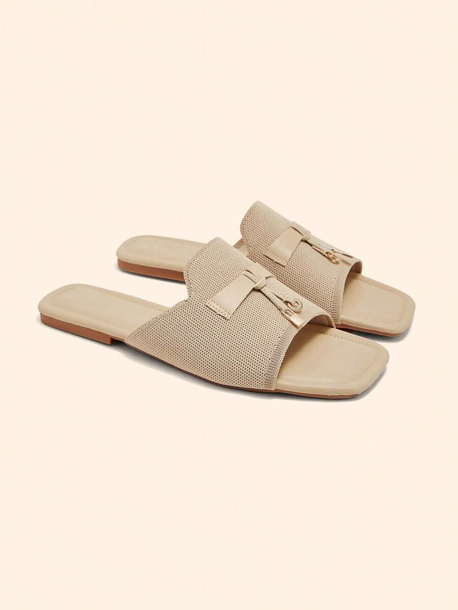 CUCCOO BASICS Women Shoes Square Toe Flat Bottom Apricot Knitted Simple Comfortable Breathable Women's Fashion Flat Sandals Slippers Daily Versatile Commuter Women's Slippers Summer Shoes - Apricot - View 1