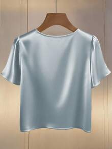 Franclia 女士春夏新款优雅通勤珍珠领碎花短袖宽松百搭杏色府绸衬衫 - 藍色 - 查看 2