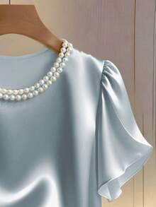 Franclia 女士春夏新款优雅通勤珍珠领碎花短袖宽松百搭杏色府绸衬衫 - 藍色 - 查看 4