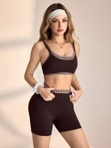 Medorelle Conjunto informal de 2 piezas de top y shorts de patchwork a cuadros para mujer - Café integral - Ver 5