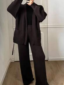 DAZY Bộ 2 món áo len cardigan và quần dài màu trơn thường ngày dành cho nữ, mùa thu - Cà phê nâu - Xem 4