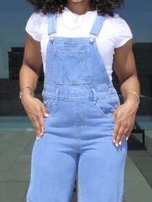 Steph T Mono vaquero suelto con bolsillos y tirantes ajustables para mujer - Azul lavado medio - Ver 6