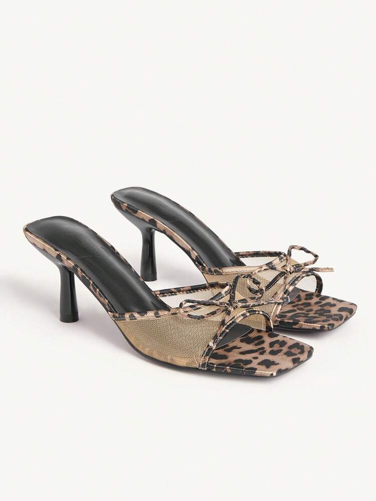 CUCCOO CHICEST Women Shoes Leopard Print Satin Satin Mesh Splicing Bow Fashion Spring And Summer Temperament Square Toe High Heel Sandals