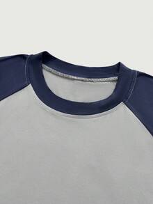 Courvante Men Colorblock Raglan Sleeve Patched Detail Tee, Summer, Father's Day Gift - Grey - View 3
