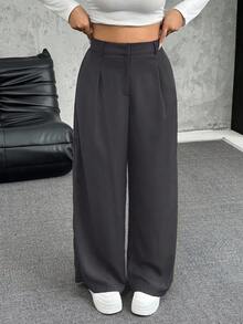 SHEIN EZwear Große Größen Lose Plissee Weite Bein Lässig Hose, Einfarbig Dunkelgrau, Herbst/Winter - Dunkelgrau - Übersicht 2