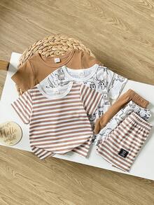 Playful Pals 6pcs/Set Newborn Baby Boy Basic Round Neck Elastic Waist Cute Animal Print & Striped Short Sleeve T-Shirt And Shorts Set, Summer - Khaki - View 8