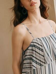 Anewsta Women's Loose Striped Spaghetti Strap Patchwork Ruffle Hem Dress, Vacation Beach Style, Spring/Summer - Blue and White - View 2