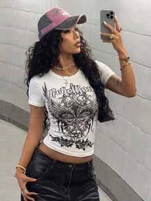 StreetHx 女士玫红色哥特式水钻装饰修身街头风 Y2K 朋克印花短袖T恤，适合度假穿着 - 白色 - 查看 4