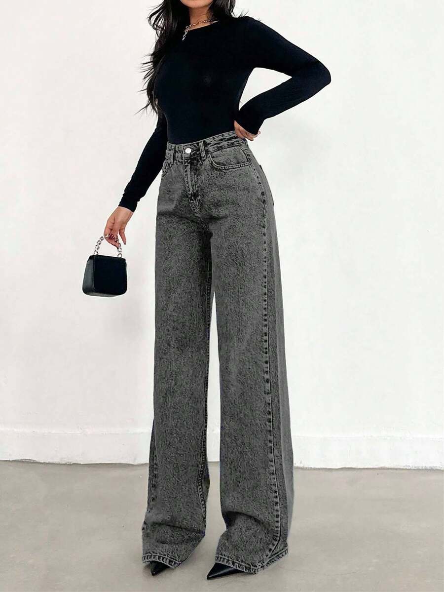 SHEIN Tall QUẦN JEAN XANH DƯƠNG CỠ CAO CHÂN RỘNG VÁY DÀI - 716 GR - màu đen - Xem 1
