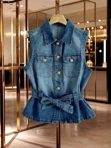 GlowEve Women's Single-Breasted Knotted Casual Versatile Daily Wear Denim Jacket - Blue - View 1