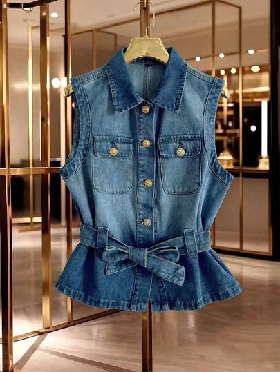 GlowEve Women's Single-Breasted Knotted Casual Versatile Daily Wear Denim Jacket