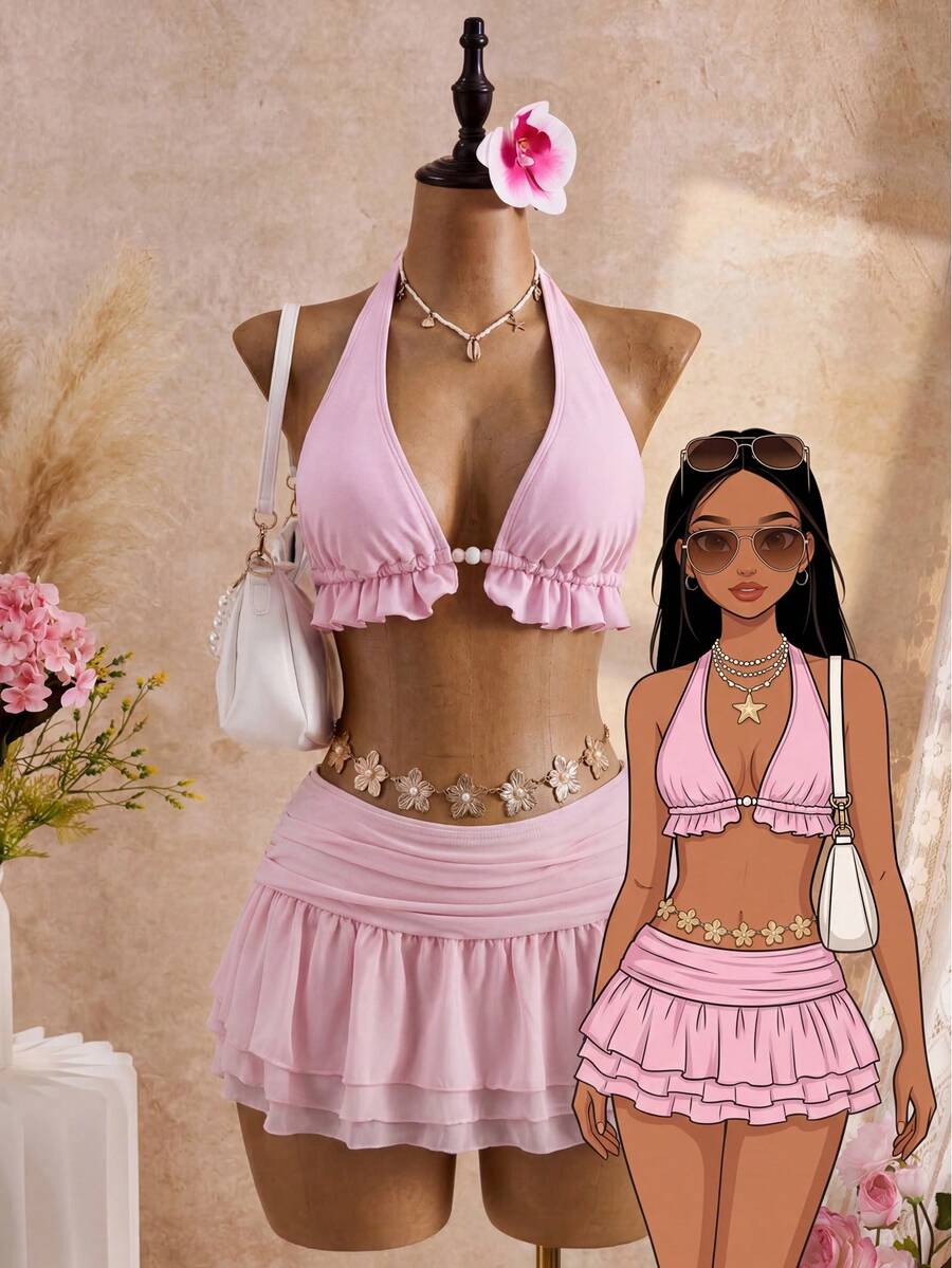 Bellisia Conjunto de bikini con volantes y top halter para vacaciones de verano en la playa, con pareo y falda - Rosa - Ver 1