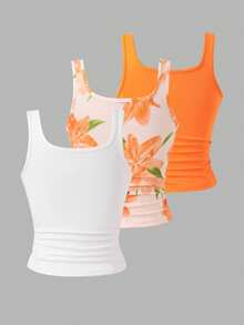 Girls' White Camisole 3 Pieces Set, Soft Fabric, Minimalist & Fashionable Style, Suitable For Wearing Outwardly Or As Layering, Versatile For Daily Outings To Showcase Girls' Sweet Elegant - Multicolor - View 3