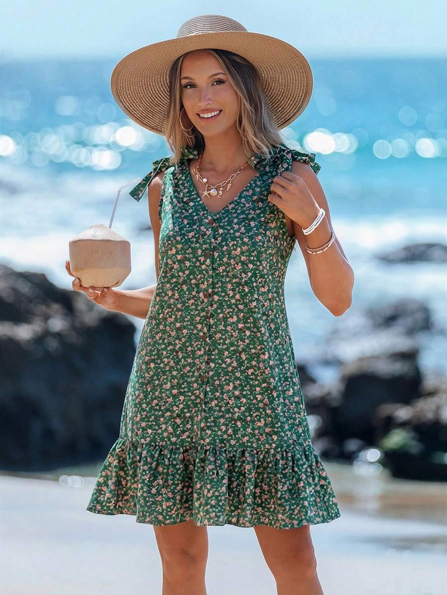 Sylviya 女士休闲碎花V领系带短裙，夏季连衣裙，度假连衣裙，女士夏季连衣裙，女士休闲夏季连衣裙，女士度假连衣裙，女士波西米亚风连衣裙，女士节日连衣裙 - 墨綠色 - 查看 1