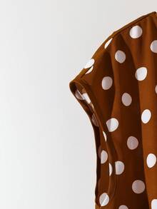 SHEIN PETITE Áo kiểu nữ cổ tròn chấm bi viền nơ, kiểu dáng thường ngày thanh lịch, thích hợp mặc mùa xuân/hè. - màu nâu - Xem 5