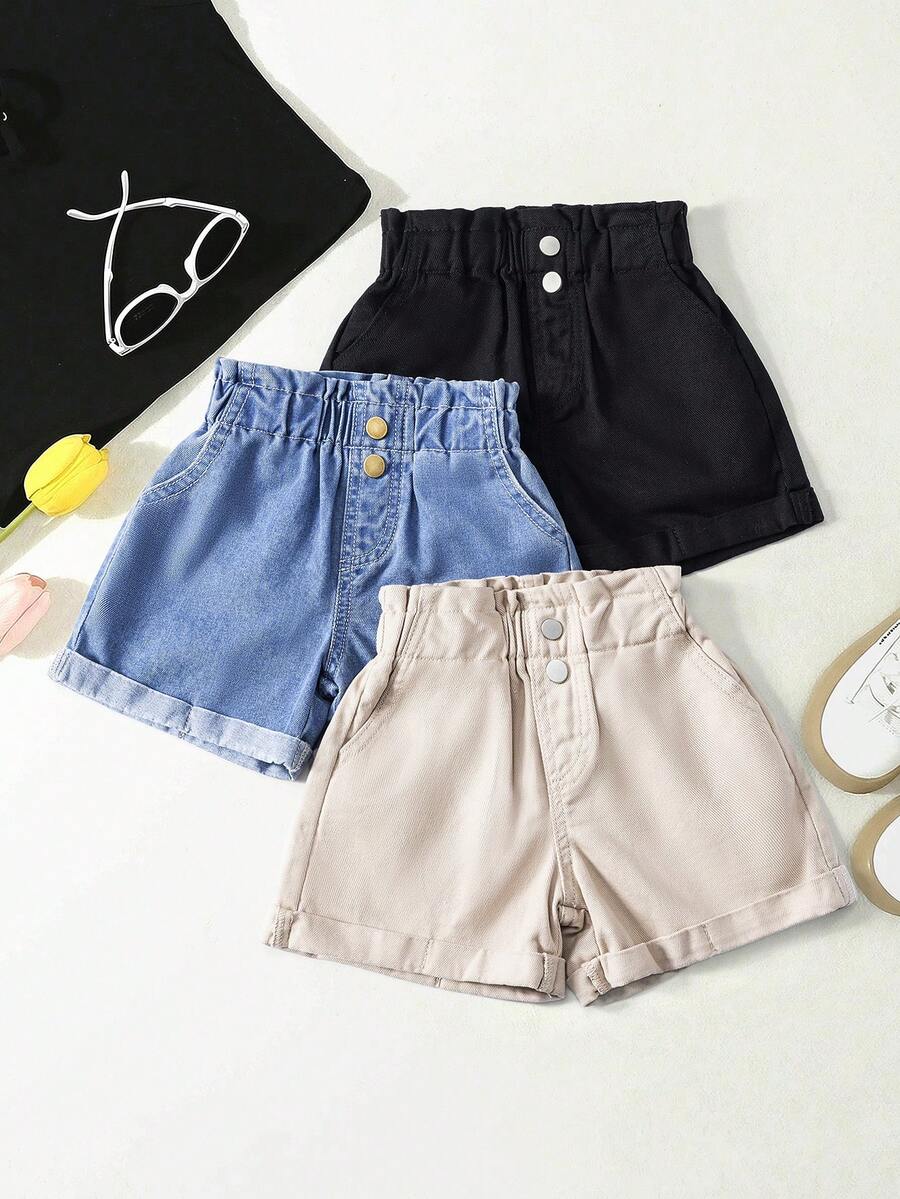 SHEIN Playful Pals Girls (Small) Casual Comfortable Ruched Waist Multi-Color Denim Shorts - Multicolor - View 1