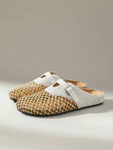 Solecia Pantofi de damă primăvara și vara, noi, din material împletit mat tip plasă, cu decor în stil splicing, design cu bot rotund, călcâi slip-on, confortabili și simpli pentru vacanță, pantofi plați de damă, esențiali pentru navetă, casual versatili, pentru întâlniri, călătorii și ceai de după-amiază - alb - Vizualizare 2