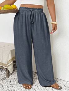 SHEIN Frenchy 大码女式纯色抽绳腰休闲百搭阔腿裤，适合日常穿着 - 灰色 - 查看 6