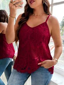 Reflora Camiseta de encaje de unicolor elegante de talla grande para verano - Burdeos - Ver 3