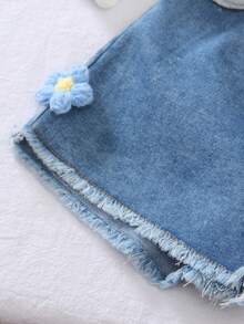 Genkimix Kids Bộ 2 món cho bé gái, gồm áo crop top tay ngắn cổ tròn in hình bướm và quần short denim cạp chun họa tiết hoa, thích hợp mặc hàng ngày, đi chơi cuối tuần, dự tiệc, đi học. - Màu xanh lam - Xem 6