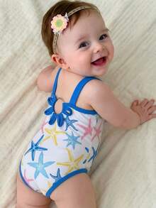 SHEIN 女婴可爱黑色镂空花卉吊带连体泳衣，夏季 - 彩色 - 查看 1