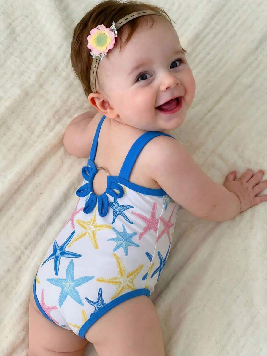 SHEIN 女婴可爱黑色镂空花卉吊带连体泳衣，夏季 - 彩色 - 查看 1