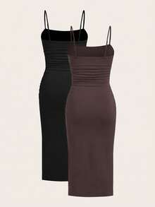 SHEIN EZwear 咖啡棕色和黑色加大码女式吊带夏日连衣裙 - 咖啡棕 - 查看 2