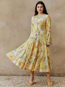 Plus Size Women Long Sleeve Flared Elegant Spring/Summer Dress, Vacation Dress - Yellow - View 7