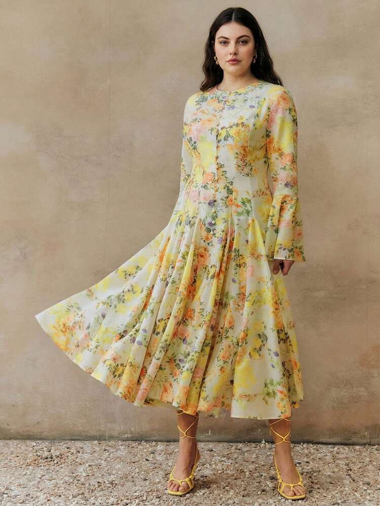 Plus Size Women Long Sleeve Flared Elegant Spring/Summer Dress, Vacation Dress