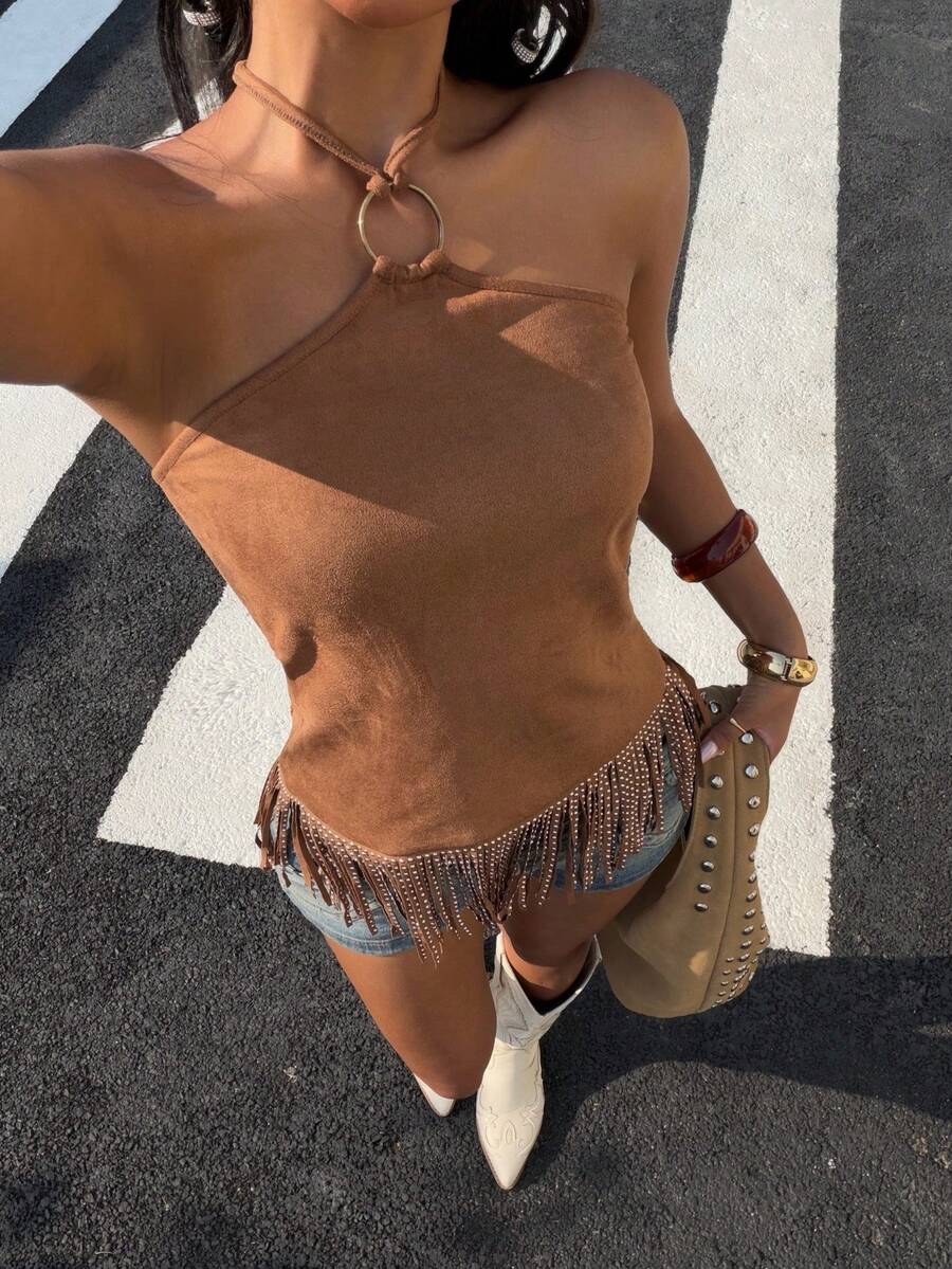 Muchica Women's Summer Fashion Street Vacation Style Solid Color Suede Circular Ring Decor Backless Tie Front Halter Top,Summer Top - Brown - View 1