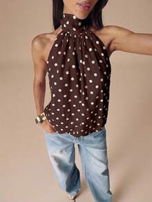 SHEIN BAE Top corto sexy con cuello de halter y espalda descubierta a lunares en blanco y negro, adecuado para festivales de música y vacaciones - Café integral - Ver 4