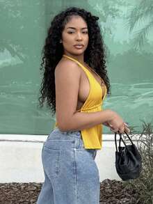 Alexandranx Summer Front Slit, Backless, Knotted Halterneck Black Top Yellow - Yellow - View 3